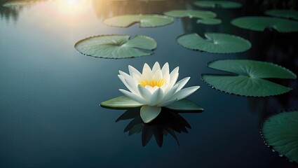 A serene white lotus flower with yellow stamens resting on dark water amidst green lily pads, illuminated by soft sunlight