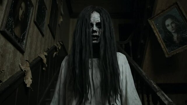 Terrifying Ghost Monster Woman in Haunted House with White Mask and Long Hair