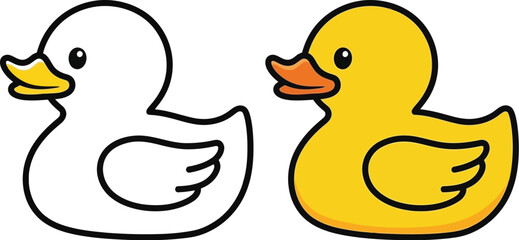 Two cartoon ducks, one yellow and one white outline, presented on a clean white background for design elements.