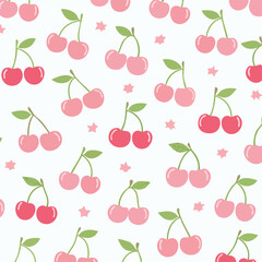 Pink and red cherry fruit pattern with star accents on white background vector