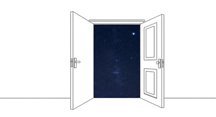 Conceptual illustration of open double doors revealing a starry night sky, symbolizing new possibilities and the unknown.