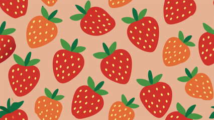 Red and orange strawberries with green leaves pattern on peach background strawberry