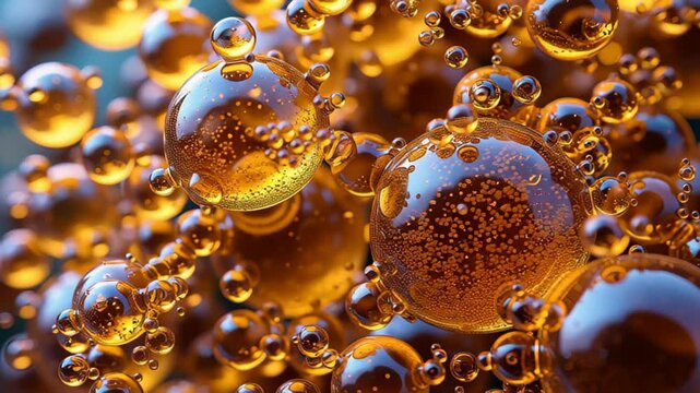 Biodiesel concept ,Close Up of Amber Bubbles with Intricate Reflections Creating Mesmerizing Abstract Pattern and Visual Effect