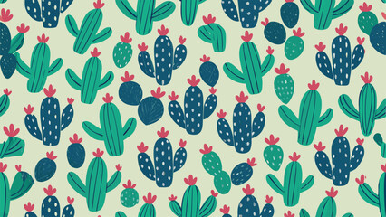 Repeating pattern of green and blue cacti with pink flowers on a pale yellow background