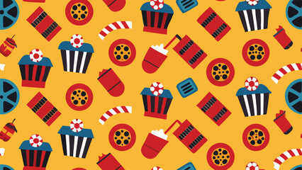 Fototapeta premium Retro movie cinema pattern with popcorn cups film reels and candy cinema reel