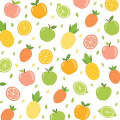 Obraz premium Seamless pattern of assorted colorful fruits and leaves on white background illustration