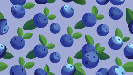 Seamless pattern of blue blueberries with green leaves on a light purple background 1