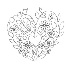Heart Floral Hand Embroidery Pattern, Romantic Flower and Leaf Design, Hand Embroidery Design for Modern DIY Hoop Art, Coloring Page
