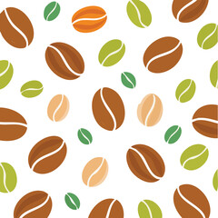 Seamless pattern of coffee beans in brown green and tan colors background texture