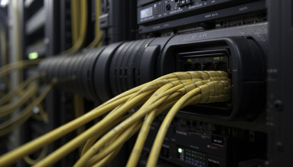 Close up of server rack with multiple yellow network cables connected, showcasing high tech data center environment. image highlights complexity and organization of modern networking