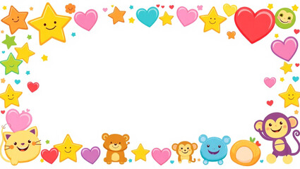 Cheerful cartoon animals and hearts form a colorful border around a blank space.