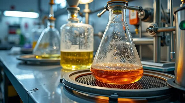 Biodiesel concept ,Laboratory Glassware with Colorful Liquids on Lab Bench Showcasing Scientific Research and Experimentation