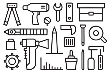 Collection of black line art icons representing tools and equipment on a white background drawing