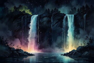 A shimmering waterfall at night