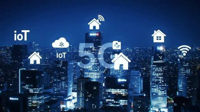 smart city with highrise building showcasing 5G connectivity, cloud computing, internet of thing (IoT)home, healthcare,transportation