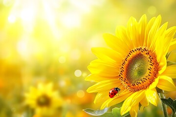 Bright Sunflower Bloom with Ladybug in Summer Light and Soft Background Colors