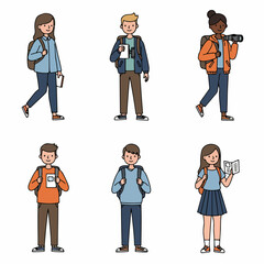 Cartoon illustration of diverse young students or travelers with backpacks, ready for education, adventure, or exploration on a white background.