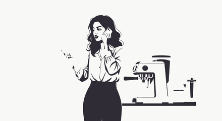 Obraz premium Businesswoman on Phone Beside Espresso Machine Holding Paper Vector Art.