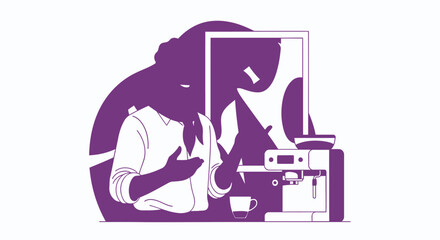 Purple Silhouette of Person Making Coffee with Machine and Cup.