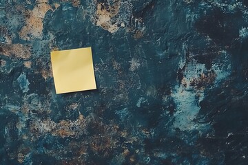Bright yellow sticky note on textured blue and brown wall with abstract art background