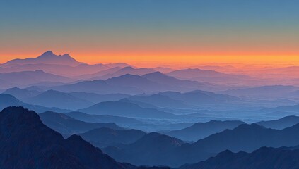 Fototapeta premium Serene sunrise over a vast, layered mountain range, bathed in hues of orange, pink, and deep blues, extending to a hazy horizon