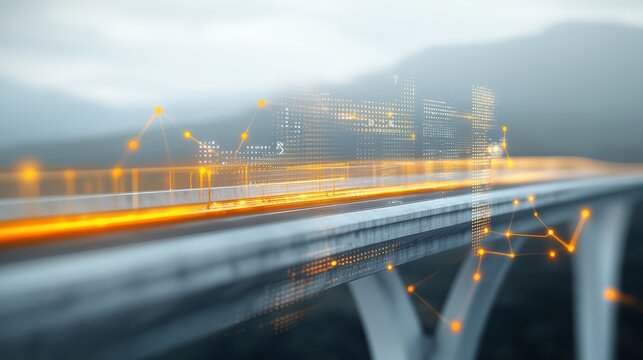 Engineer structural bridge concept. Abstract digital representation of a bridge with glowing lines and data points.