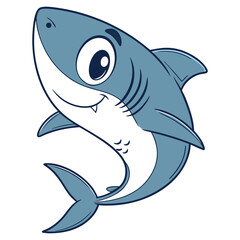Cartoon flat vector icon of a cute blue shark with friendly face and fin