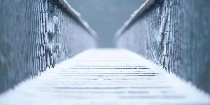 Engineer structural bridge concept. Snow-covered walkway leading into a misty distance, creating a serene winter atmosphere.