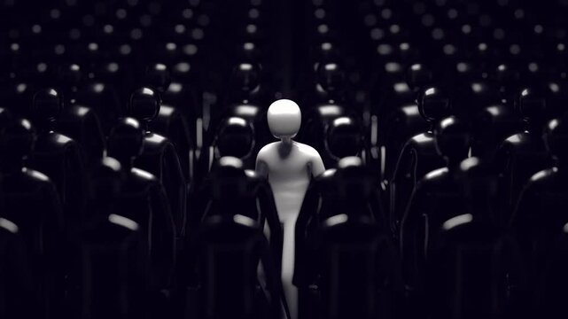 A unique white figure standing out among a crowd of black figures. A conceptual representation of individuality, leadership, and courage to be different in a conformist society.
