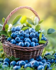 Fresh and Juicy Blueberries Gathered in a Natural Woven Basket on a Vibrant Background