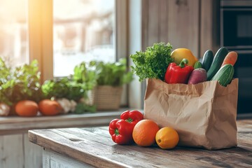 Fresh Vegetables and Fruits in Brown Paper Bag on Kitchen Table with Sunlight