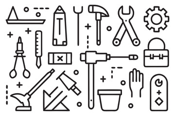 Obraz premium Collection of black line art icons representing tools and equipment on a white background vector