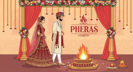 Illustration of a couple performing Pheras, a Hindu wedding ritual, with fire, floral decorations, and red curtains.