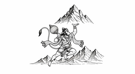 Hanuman, the Hindu monkey god, carries a mountain in a black and white illustration.
