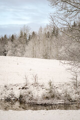 Small dark pond in a white snow field with winter forest and blue sky background