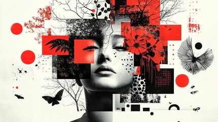 Abstract Artistic Woman Portrait with Red Black and White Geometric Elements and Nature Motifs