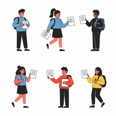 Obraz premium Set of diverse young students holding papers and carrying backpacks, illustrating education, learning, and youth.