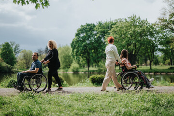 Caregivers supporting individuals in wheelchairs enjoying a pleasant outing in a scenic park...