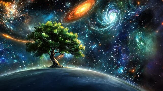 Lush tree on a planet amongst cosmic nebulae