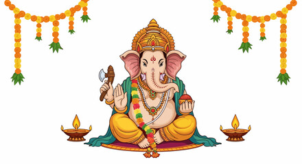 Cartoon depiction of the Hindu deity Ganesha, seated and adorned with traditional decorations.