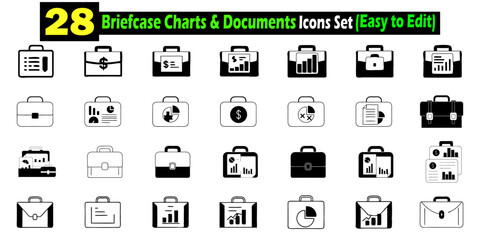 A collection of twenty-eight briefcase icons featuring charts graphs documents and financial analysis symbols for business
