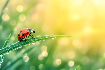 Ladybug on Green Leaf with Dew Drops in Soft Natural Light Background