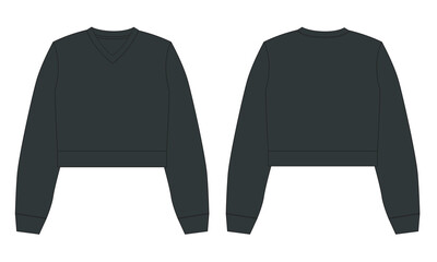 Long sleeves Cotton-terry Fleece sweatshirt technical fashion flat illustration With regular fit crew neckline. Flat Sketch jumper apparel vector black Color template front, back view.  © ClothingArtStudio 