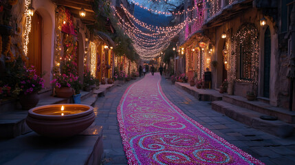 beautiful street decorated with a long floral pattern and many lights at night. Traditional celebration of Diwali. Deepavali, Festival of Lights, Dipawali - Hindu Celebration, Indian Cultural Festival