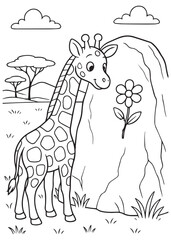 Coloring book giraffes looking at a flower on a rock.