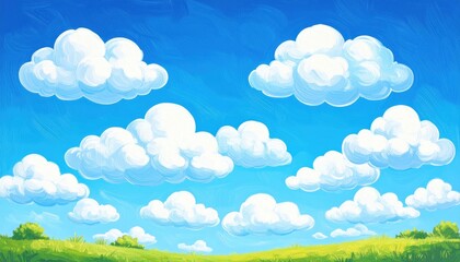 Obraz premium Fluffy white clouds drift across a bright blue sky above a lush green meadow in this cheerful and colorful painterly illustration.