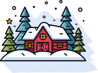 Winter Cabin Landscape with Snow Covered Roof and Pine Trees