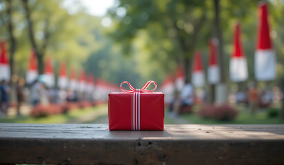 A small red gift box with white stripes sits on a wooden bench in a festive, blurred park background. Perfect for holiday or celebration themes.