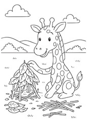 Coloring book giraffe making a campfire.