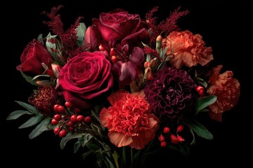 A rich bouquet of deep red roses, coral and burgundy carnations, accented with dark foliage and red berries, dramatically set against a black background
